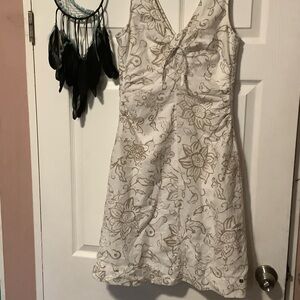 Esprit White and Brown Floral Mini Linen Cotton Dress